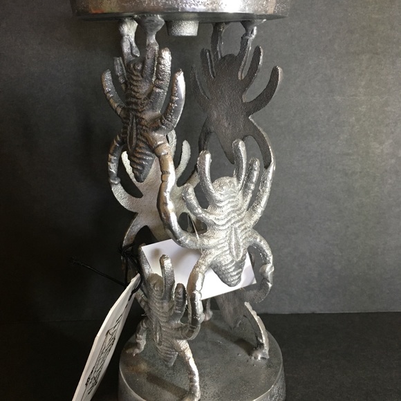 Halloween Silver Metal Spiders Tall Candle Holder - Picture 6 of 8